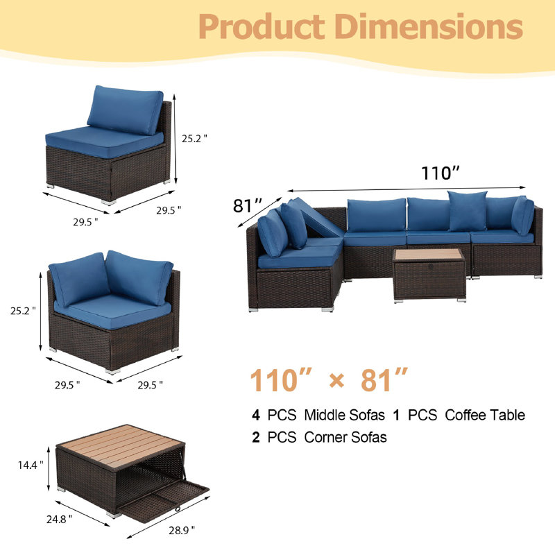 Ensemble de patio extérieur 7 pièces avec table basse WPC, Brun/bleu