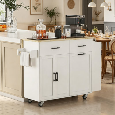 Kitchen Island with Drop Leaf,2 Drawers & Trash Can,Mobile Cart with Spice Rack,White