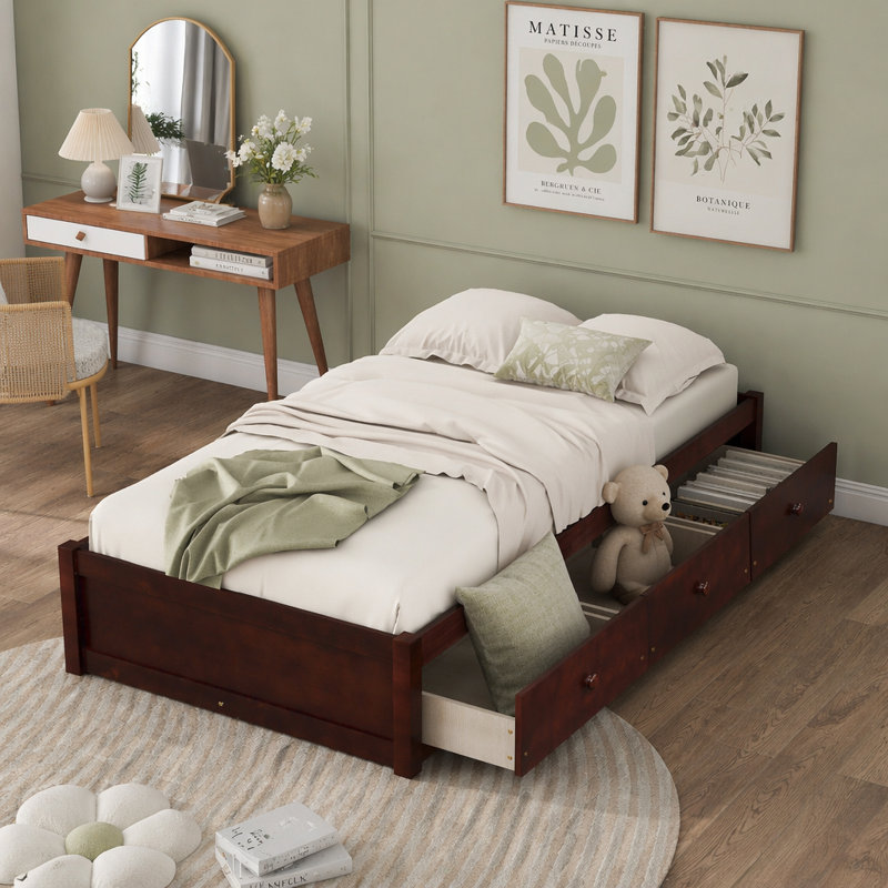 Lit plateforme simple avec rangement et 3 tiroirs, Cerisier