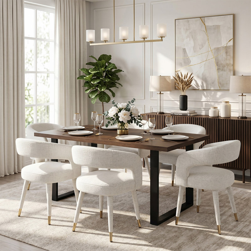 7-Piece Rectangular Dining Set With Chenille Arm Chairs, Beige