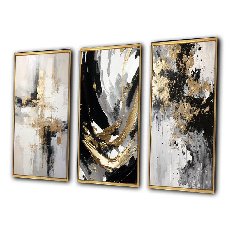 Essential Bliss Minimalism Abstract Gold Painting - Abstract Painting Art Set Of 3 Pieces, Cadre flottant doré