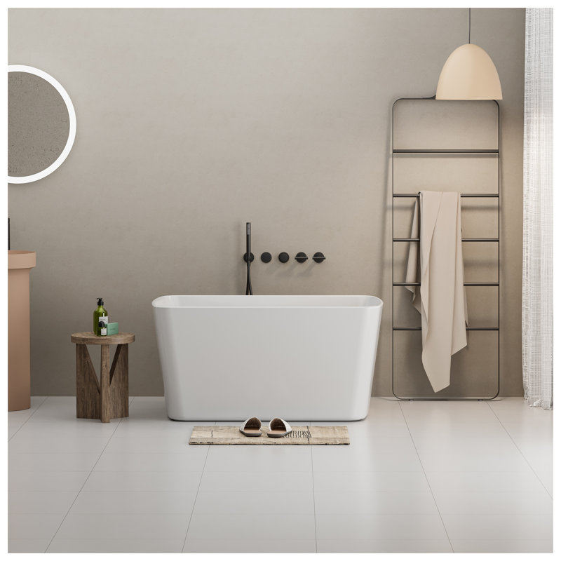 Baignoire balnéo autoportante en acrylique de 124 cm (49 pouces), style japonais carré, avec trop-plein chromé et vidange rapide, blanc brillant