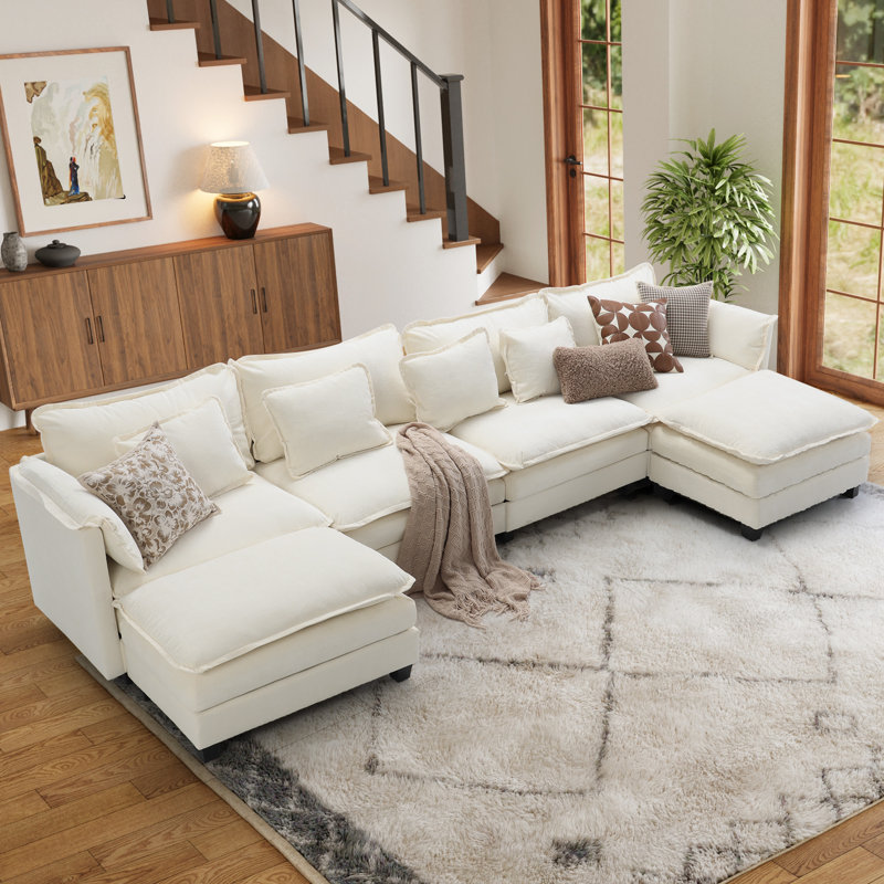 Canapé modulaire en U 6 pièces modulaire en forme de U 6 pièces avec pouf-chenille amovible - tissu beige, Chenille beige
