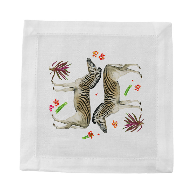 Zebra Seeing Double Hemstitch Cocktail 6" Linen/Cotton Napkin, Black/White/Beige