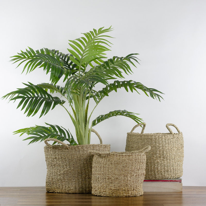 Round Table and Floor Baskets, Beige, 10.5" H x 14" W x 14" D