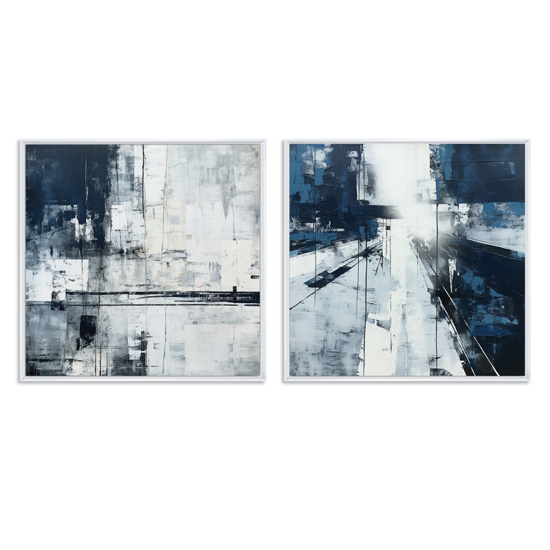 Ensemble de 2 collages carrés noirs en noir et blanc, Cadre flottant blanc, H 16 po x l 33 po