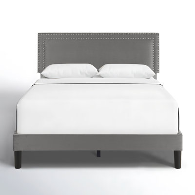 Queen Size Dark Grey Velvet Upholstered Platform Bed with Adjustable Headboard, Modern Bed Frame with Wood Slats, No Box Spring Needed