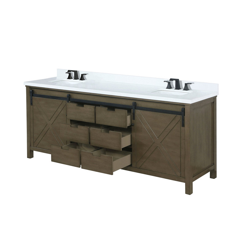 Meuble-lavabo double brun rustique 80 po Avec comptoir en quartz blanc et robinet inclus - Surface de rangement généreuse avec tablette