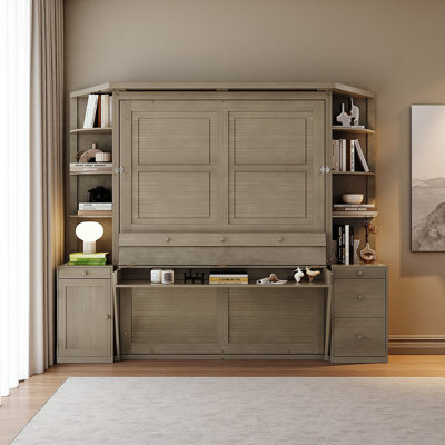 Queen Murphy Bed With Desk, Storage Shelves And Cabinets, Hidden Wall Bed For Space-Saving Home Office