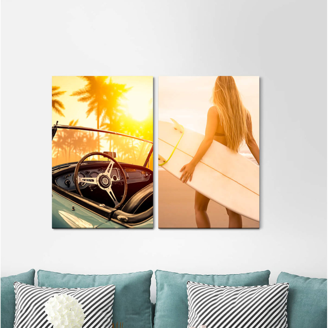 2-tlg. Leinwandbilder-Set - Grafikdruck „Florida Oldtimer Surfer Summer Dream Vacation Surfing Palms”