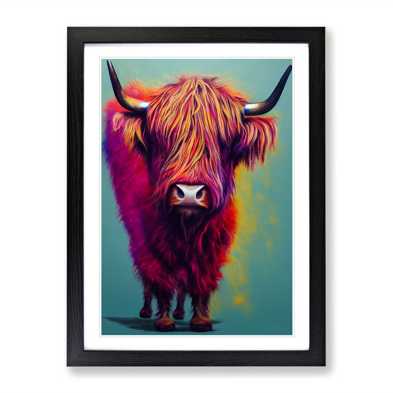 XV1022-1594X Colourful Highland Cow No.3 - Single Picture Frame Print, 64cm H x 46cm W, Black