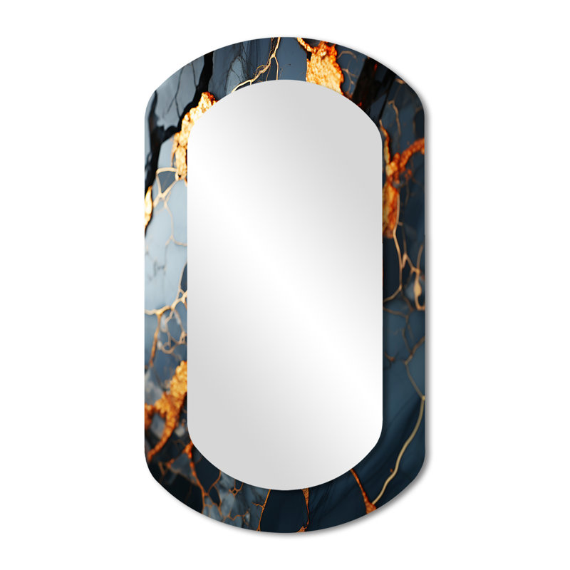Grey and Gold Abstract Marble Granite III - Abstract Cylinder Decorative Mirror, Modern Asymmetrical Wall Mirror, Printed Metal Art
