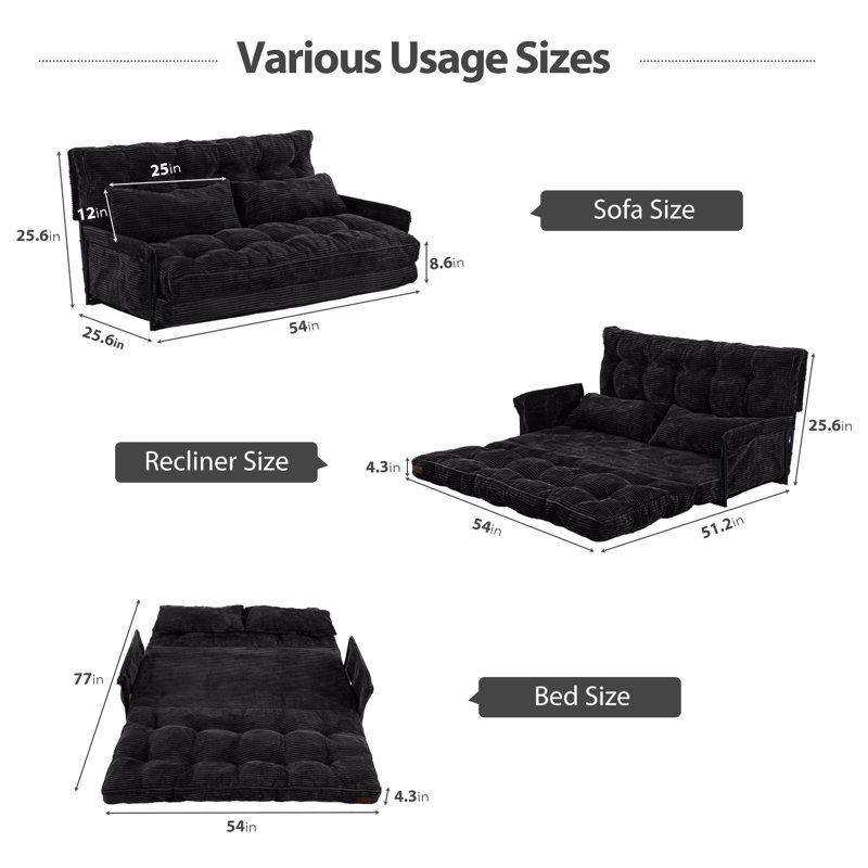 Canapé Bean Bag, Velours côtelé noir, H 25,6 po x l 54 po x P 25,6 po