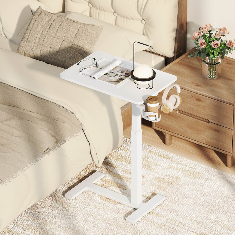 C Shaped Side Table Height Adjustable Overbed Bedside Table With Hook & Cup Holder, White