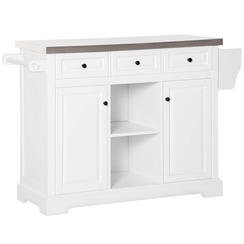 Îlot de cuisine roulant avec rangement, chariot de cuisine avec plateau en acier inoxydable, étagère à épices et tiroirs, blanc