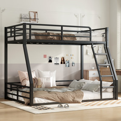 Twin over Full Metal Bunk Bed, Heavy-Duty Floor Bunk Bed with Noise-Reduced Design, Black for Kids Teens Adults