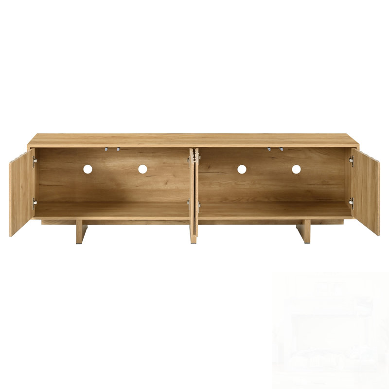 Meuble télé rétro à grain de bois avec porte ondulée pour téléviseur de 75 à 75 po, rangement spacieux et gestion des câbles, base robuste pour le salon