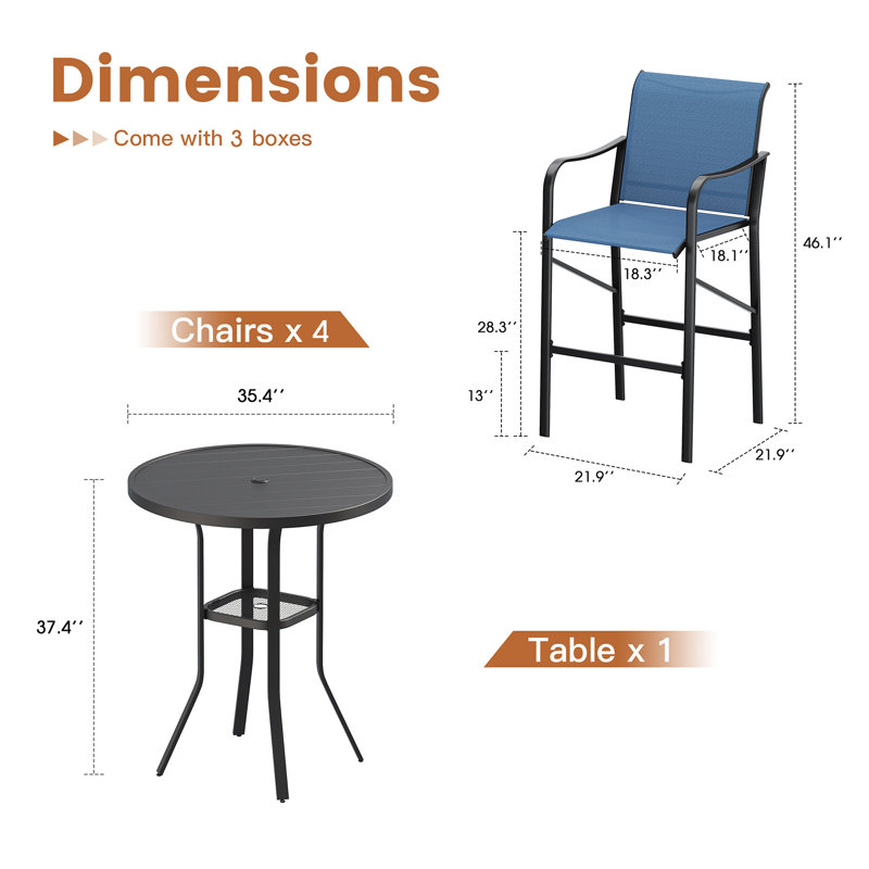 Ensemble de bar pour 4 personnes avec table de bar ronde et 4 chaises de bar PVC-coated polyester, Bleu / Noir