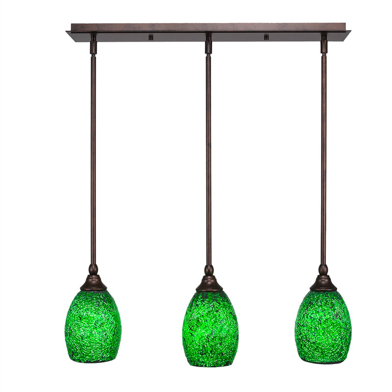 Luminaire suspendu linéaire sur pied 3 lumières avec verre fusion 5 po, Turquoise, Bronze