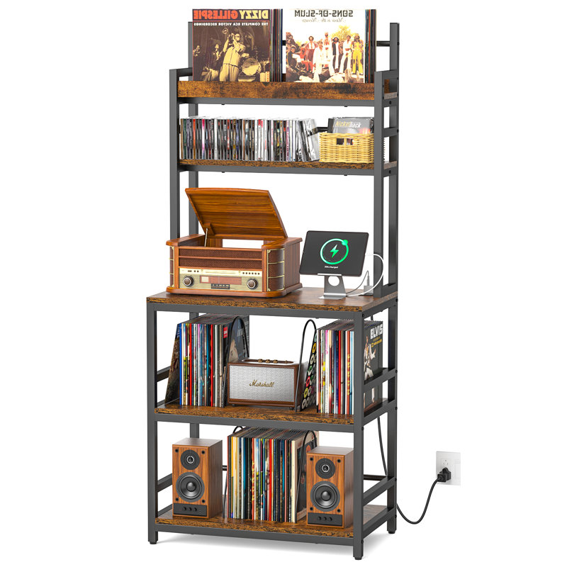 Large Record Player Stand With Storage Shelf, 5-Tier Record Player Table Holds Up 500+ Albums, Turntable Stand With Charging Station & CD/DVD Rack, Record Storage For Living Room, Bedroom