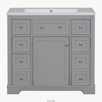 36" Freestanding Bathroom Vanity with Sink Combo, Solid Wood & MDF Cabinet with 1 Cabinet Compartment & 6 Drawers, Grey