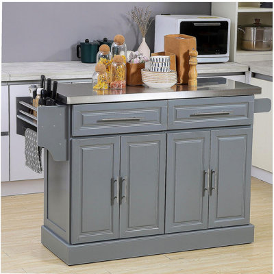 Îlot de cuisine roulant avec espace de rangement, chariot de cuisine portable avec plateau en acier inoxydable, 2 tiroirs, porte-épices, couteau et porte-serviettes, et armoires, blanc