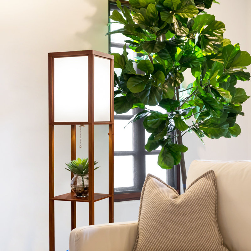 Maxwell 63" Modern LED Shelf Floor Lamp with Walnut Brown Finish, 3 Tiers, and Fabric Square Shade, Bulb Included, Brown