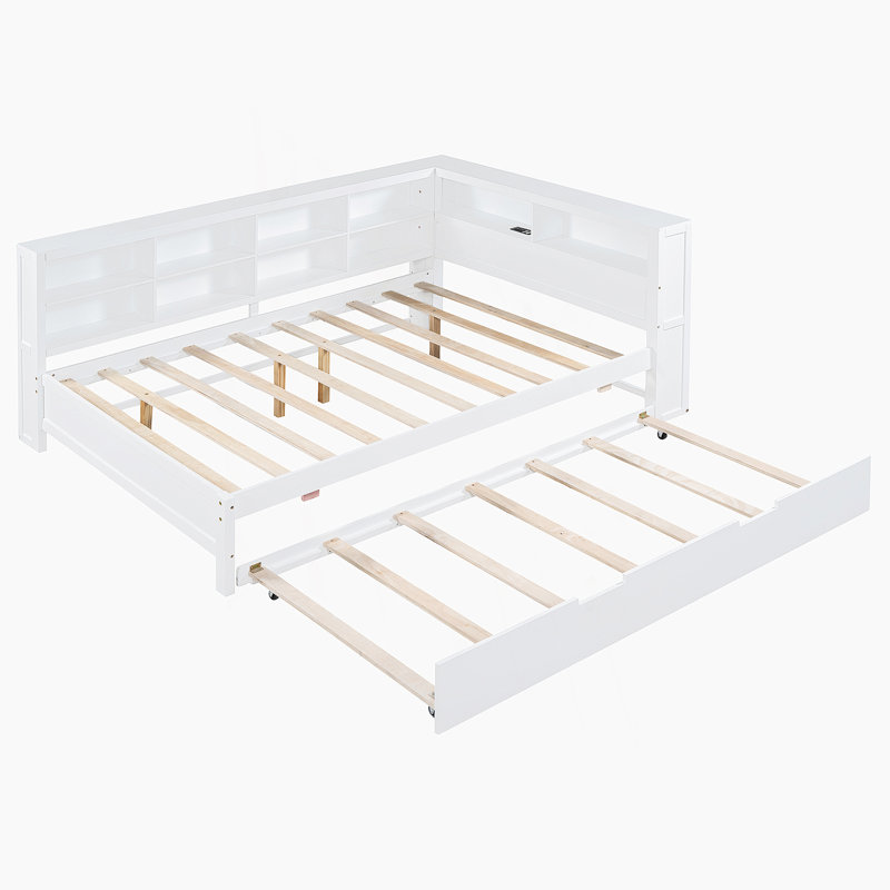 Lit de jour en bois double avec lit gigogne simple, lit de jour avec tablette de rangement et ports de chargement USB, blanc