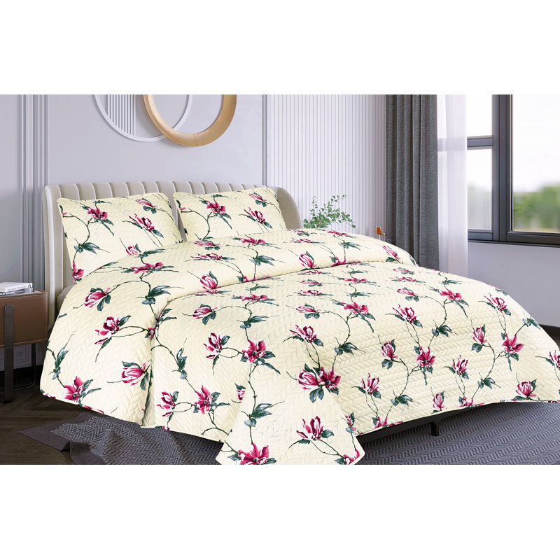 Ensemble de courtepointe en microfibre crème / rose Ilyse 3 pièces, Courtepointe grand + 2 grandes taies décoratives