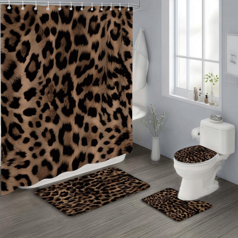 Ensemble de tapis de salle de bain luxueux à imprimé léopard brun 4 pièces, Brown Animal Print