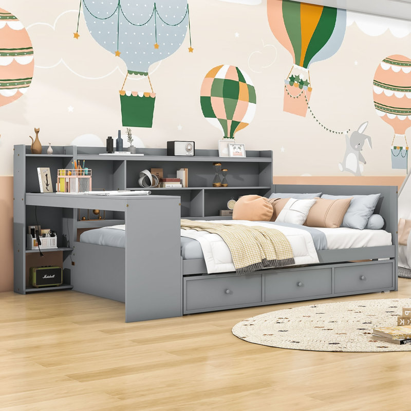 Lit de jour Assante avec bureau intégré et tiroirs de rangement intégrés, Gris, Double