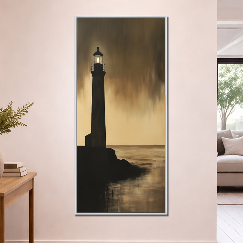 " Golden Dusk Lighthouse III ", H 60 po x l 28 po, Cadre flottant blanc
