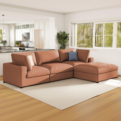 114" 4-Seater L-Shaped Down-Filled Modular Sectional Sofa With Chaise, Brown