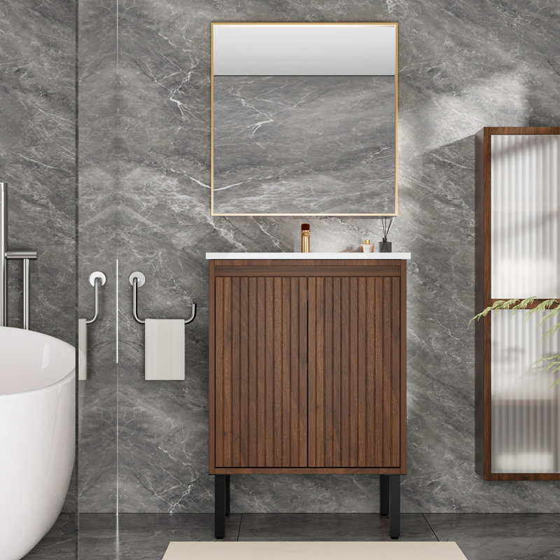 Meuble-lavabo de 61 cm (24 po) avec lavabo blanc, conception 2 en 1 (sur pied ou murale), portes à fermeture douce, élégant fini chêne, grands tiroirs de rangement, construction en panneaux multicouches pour une durabilité accrue.