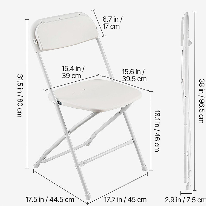 Ensemble de 4 chaises pliantes, chaises en plastique pliables avec structure en métal robuste, chaises de table pliantes portatives, sièges d'extérieur empilables pour la maison, la cour, le jardin, les fêtes, les événements, blanc