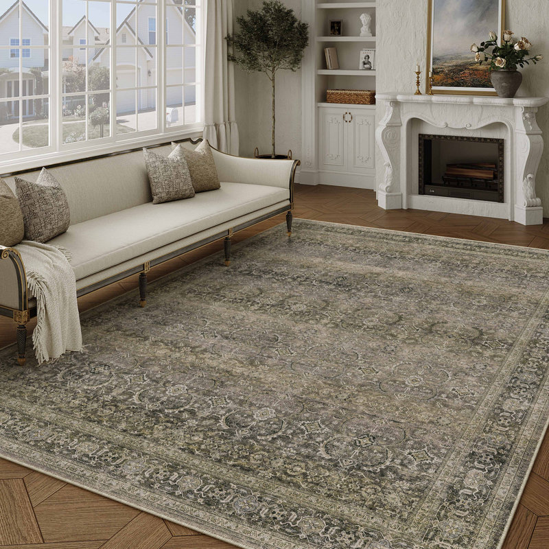 Tapis à motif floral rétro élégant gris / brun Luthien, Rectangulaire 8 pi x 10 pi