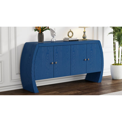Armoire de rangement à quatre portes en placage de frêne avec pieds courbés - Mobilier de couloir, d'entrée et de salon, bleu marine