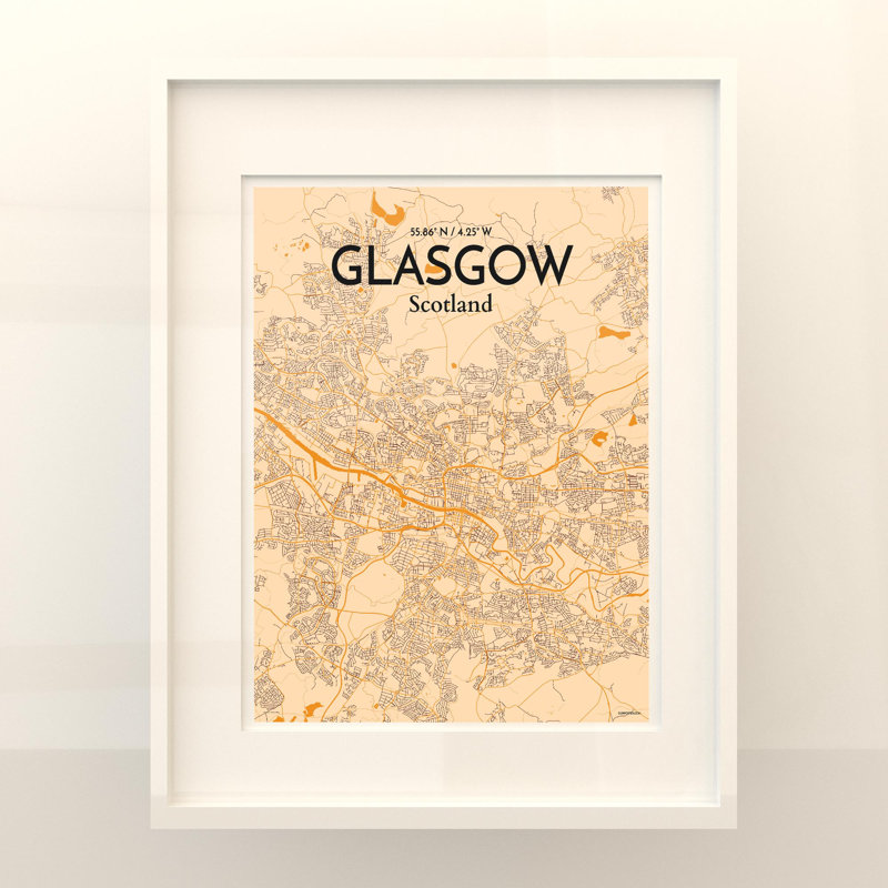 Carte de la ville de Glasgow, impression à l'encre, H 20 po x l 16 po, Orange / or pâle