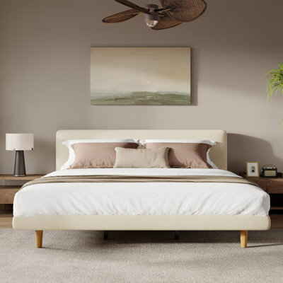 Beige Chunky Headboard Bed Frame – Solid Rubberwood Legs, Cal-King Size, 800lbs Heavy-Duty Capacity for Bedroom