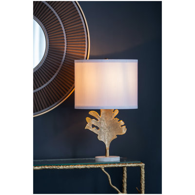 Lampe de table D13x22,2 "or et blanc avec motif de feuille (assemblage de l'abat-jour requis)