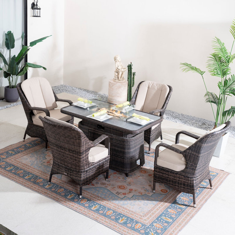 4 - Person Wicker Patio Dining Set with Rectangular Table, Brown, Beige