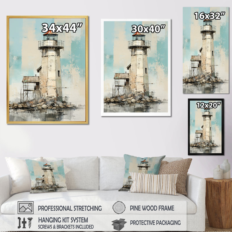 Phare côtier gris minimal, H 20 po x l 12 po x P 1 po, Cadre flottant blanc