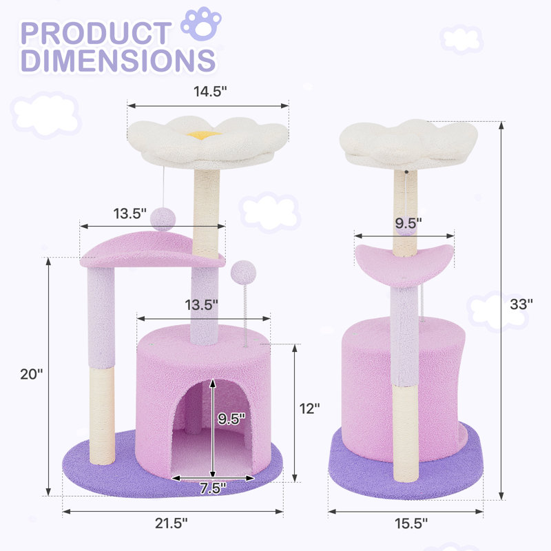 Purple Freestanding Sisal Cat Tree Tower with Cozy Perches
