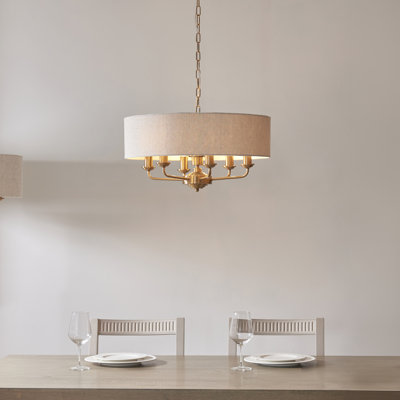 Landover 6lt Pendant light finished in Vintage Brass and Natural