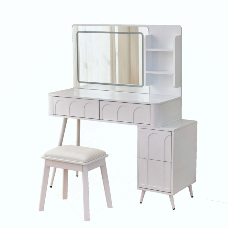 Modern Makeup Vanity Desk With LED Lights & Mirror, 4 Drawer Dressing Table Set With Stool, 3 Colors Dimmable Brightness, Space-Saving For Bedroom
