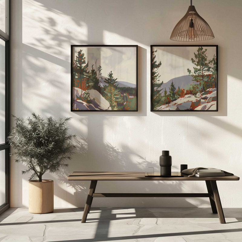 Ensemble de 2 estampes 20 "x 20" Mountain Rocks and Pines dans un cadre de citronnelle, Chrome poli, H 17,75 po x l 17,75 po