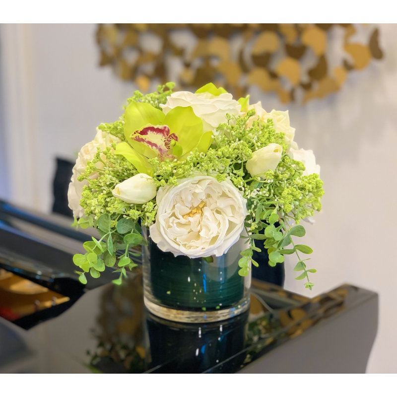 Real Touch White Rose Tulip Green Orchid Arrangement