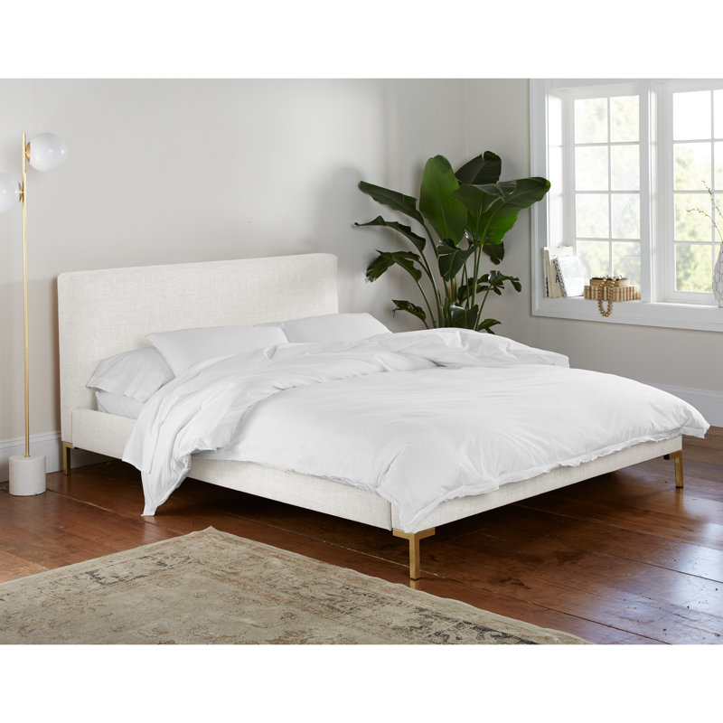 Lit tapissier Rand, Laiton, Lin blanc texturé Zuma, Double