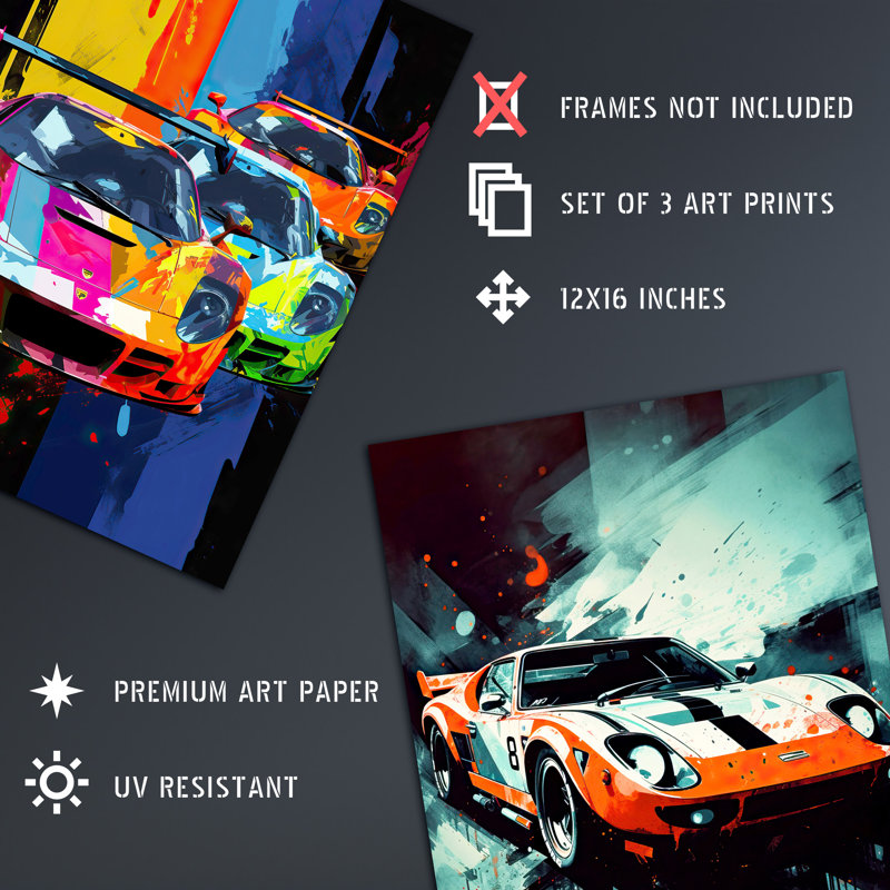Racing Car Motorsport Grand Prix Bright Colourful - 3 Piece No Frame Print Set, 40.5cm H x 30.5cm W x 0.3cm D