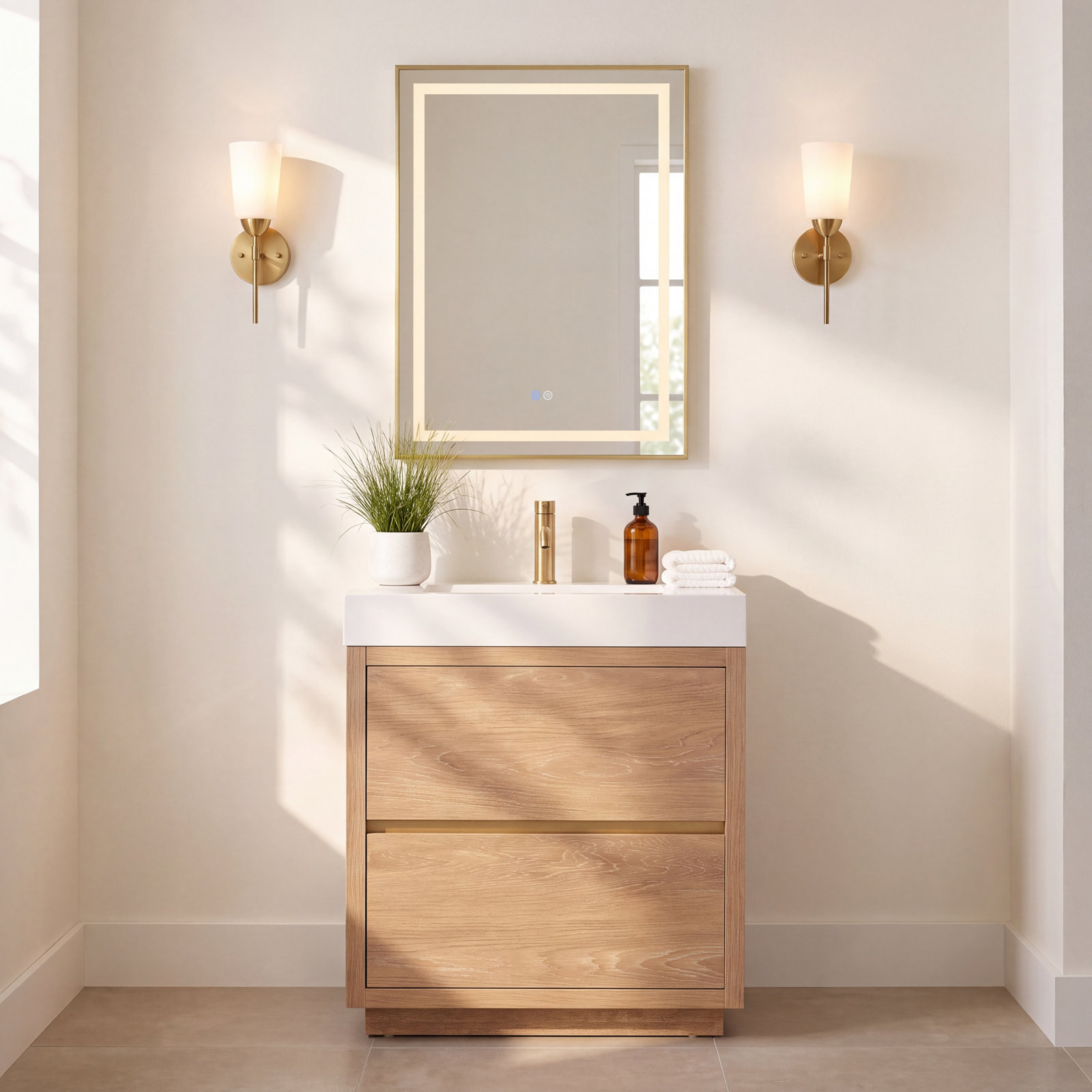 Beira Single Bathroom Vanity, North American Oak, 30", White